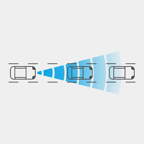 Graphic of three vehicles travelling in series to demonstrate Intelligent Forward Collision Warning in 2024 Nissan Z