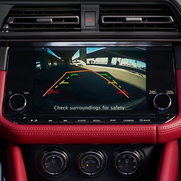 Rear view monitor image demonstration in a 2024 Nissan Z with red interior