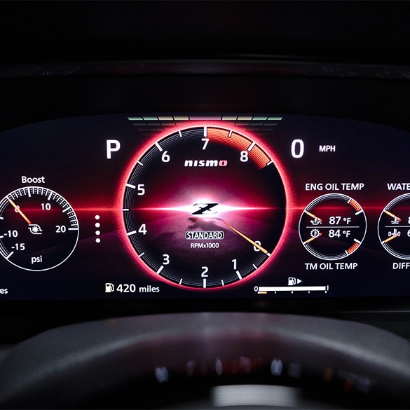 Close up of Nissan Z NISMO instrument display on dashboard