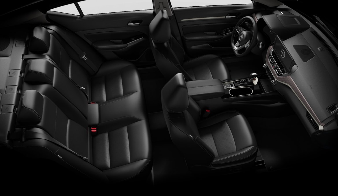 Above view of 5 seater capacity and black leather interior in the 2024 Nissan Altima