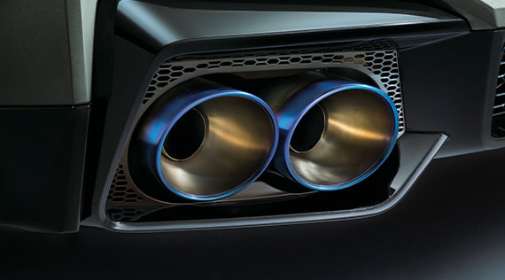 Nissan GT-R showing a close up of titanium exhaust pipes 