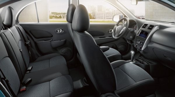 Looking inside at the black leather Nissan Micra interior