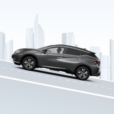 Dark grey 2024 Nissan Murano driving on a white animated road and background illustrating Hill Start Assist